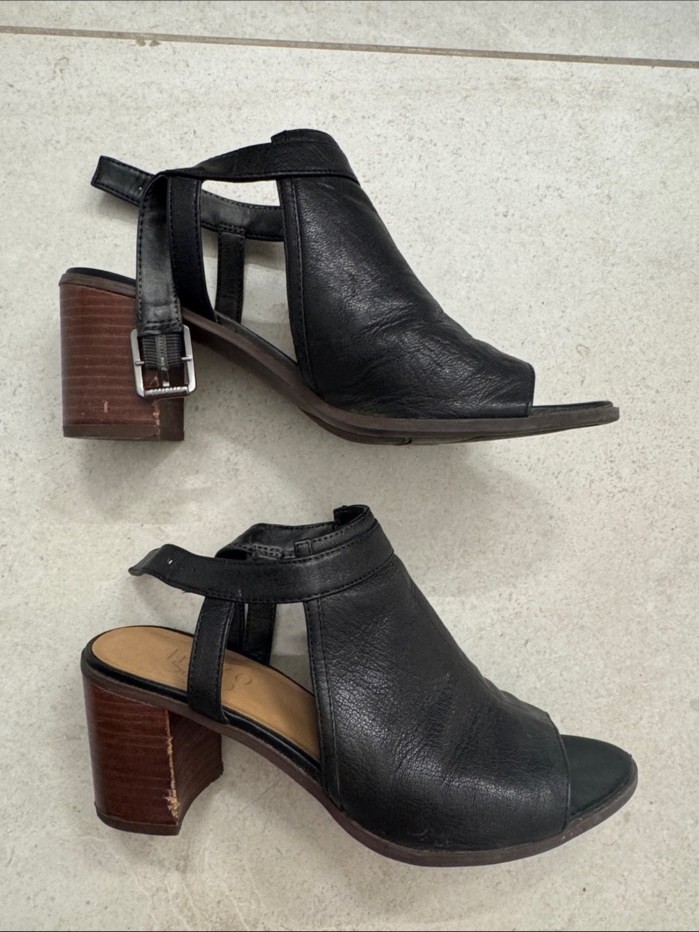 Franco Sarto Black Leather Peep-Toe Block Heel Sandals